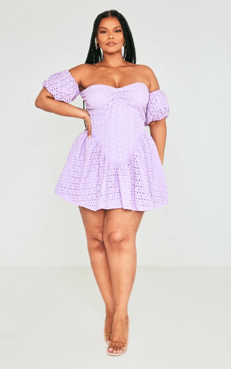 Plus Lilac Broderie Puff Sleeve Shift Dress 3 Plus Lilac Broderie Puff Sleeve Shift Dress