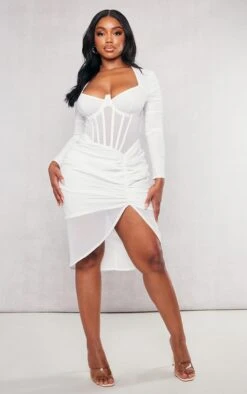 Shape Cream Corset Detail Long Sleeve Ruched Midi Dress