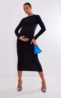 Maternity Black Long Sleeve Ruched Bump Midi Dress
