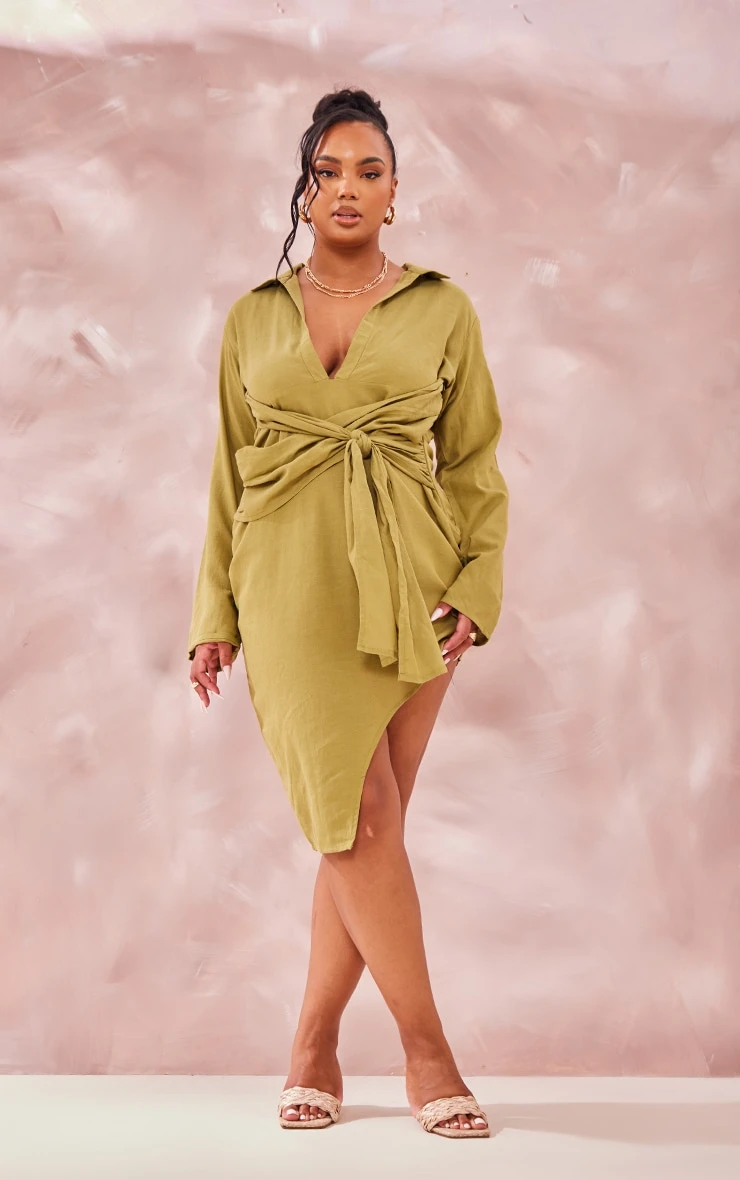 Plus Olive Linen Look Wrap Detail Shirt Dress 5 Plus Olive Linen Look Wrap Detail Shirt Dress - Image 3