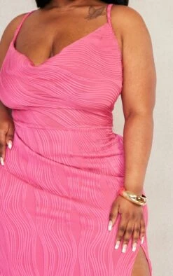 Plus Hot Pink Textured Cowl Neck Side Split Midaxi Dress -Goremje Style 5ee7b905cde98d7399b3dd766bdb7e1d5511f7a1 cnd5033 4