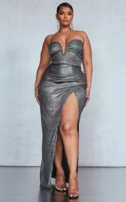 Plus Black Diamante Strap V Bar Glitter Midaxi Dress