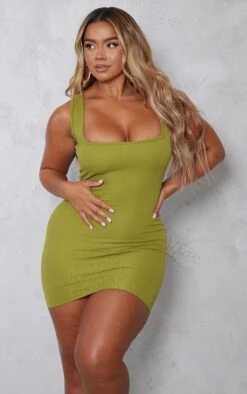 Shape Olive Textured Square Neck Bodycon Dress -Goremje Style 602ff681f08ecdea6227c4818be15696528f4f43 cna8730 4