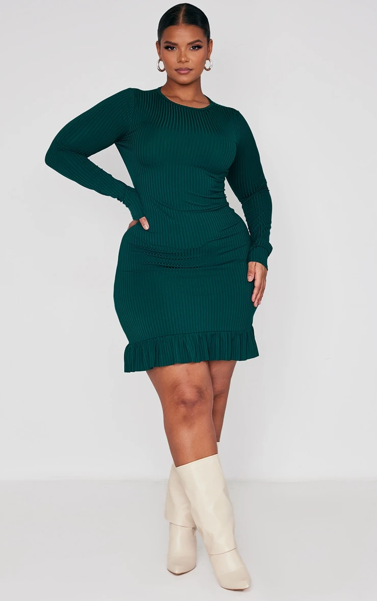 Plus Emerald Green Rib Frill Hem Bodycon Dress 3 Plus Emerald Green Rib Frill Hem Bodycon Dress