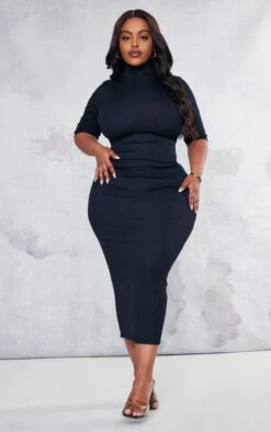Plus Black Rib High Neck Half Sleeve Midaxi Dress -Goremje Style 61d2d2b07481f41f1d081d0468bf7e543c6e33be cnc2223 3