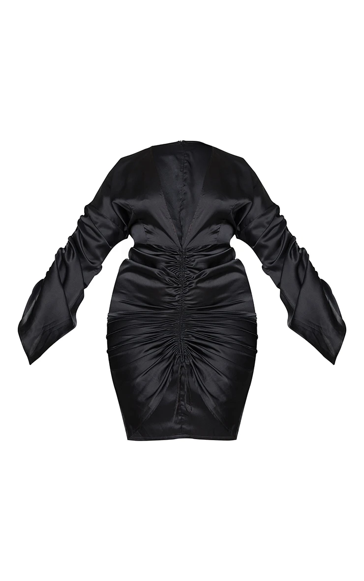 Plus Black Satin Plunge Ruched Front Dress 8 Plus Black Satin Plunge Ruched Front Dress - Image 6