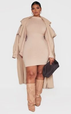 Plus Beige Rib High Neck Bodycon Dress