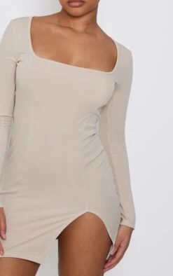Petite Cream Ribbed Split Hem Square Neck Long Sleeve Bodycon Dress -Goremje Style 63ee895627e1d498f73620b2da66e95ddbbe7e2a cnd4193 4