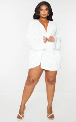 Plus White Textured Wrap Front Dress -Goremje Style 64956ec6d8a90e602d697109f1d334460ba9b5df cmr0790 4