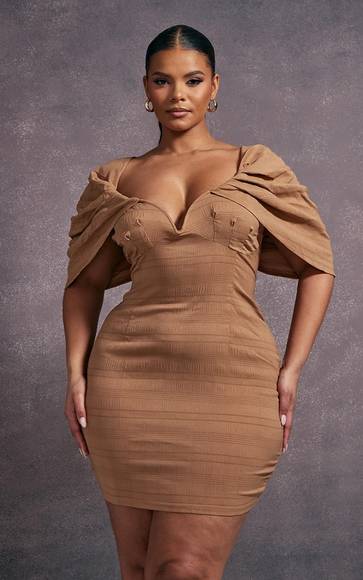 Plus Mocha Textured V Bar Bodycon Dress 7 Plus Mocha Textured V Bar Bodycon Dress - Image 5