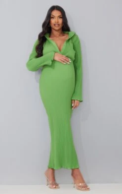 Maternity Green Plisse Button Thru Midi Dress -Goremje Style 6658f052243318ba54c5f393c806127be07ec167 cmw5737 4