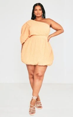 Plus Peach Textured One Shoulder Puffball Dress