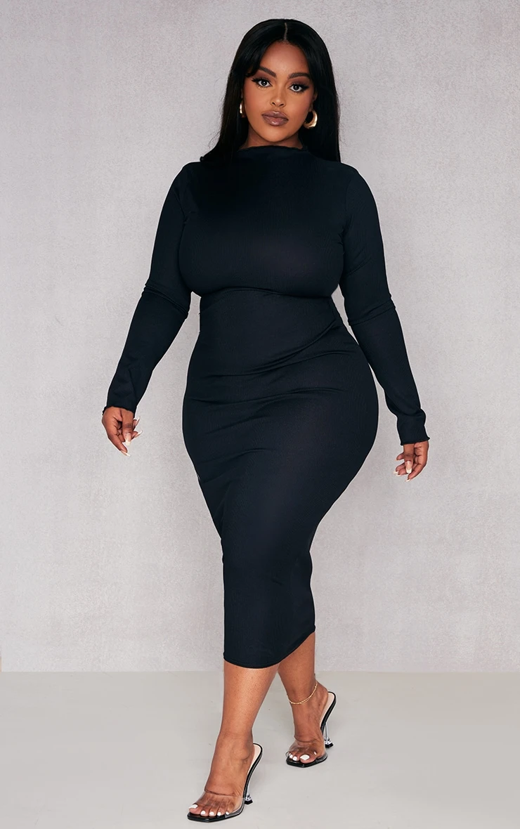 Plus Black Rib Lettuce Hem Long Sleeve Midaxi Dress 5 Plus Black Rib Lettuce Hem Long Sleeve Midaxi Dress - Image 3