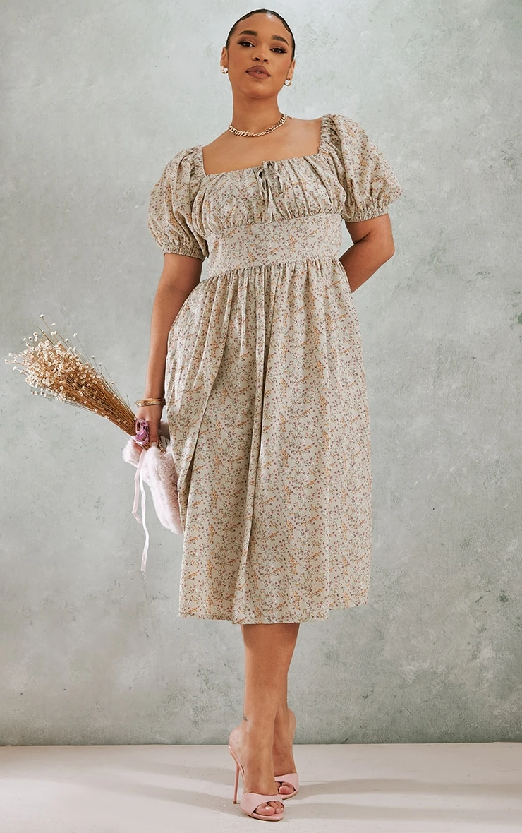 Plus Taupe Ditsy Floral Puff Sleeve Midi Dress 3 Plus Taupe Ditsy Floral Puff Sleeve Midi Dress