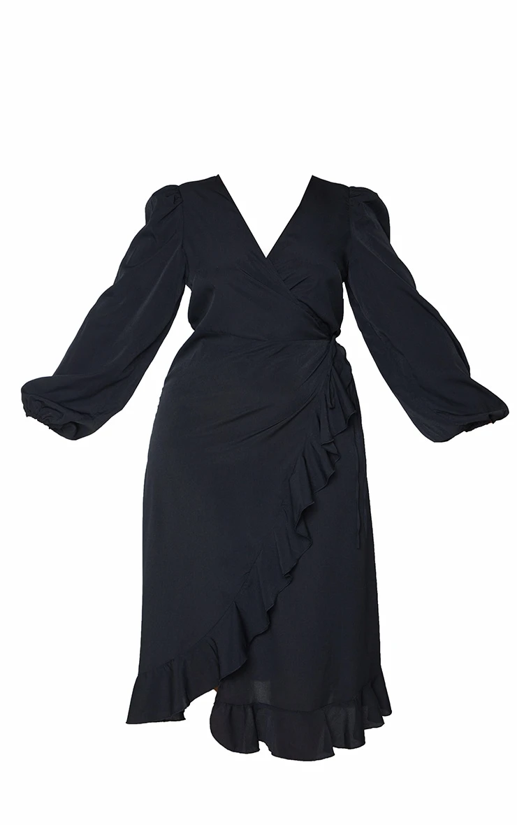 Plus Black Ruffle Wrap Front Midi Dress 7 Plus Black Ruffle Wrap Front Midi Dress - Image 5