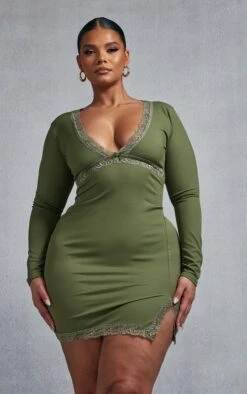 Plus Khaki Rib Lace Detail Split Hem Bodycon Dress -Goremje Style 6828008360af8fcce1b8570ee46901f8bff203e8 cnc9740 3