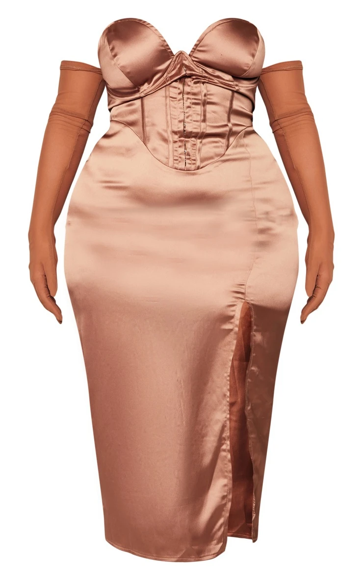 Plus Mocha Satin Corset Midi Dress 7 Plus Mocha Satin Corset Midi Dress - Image 5