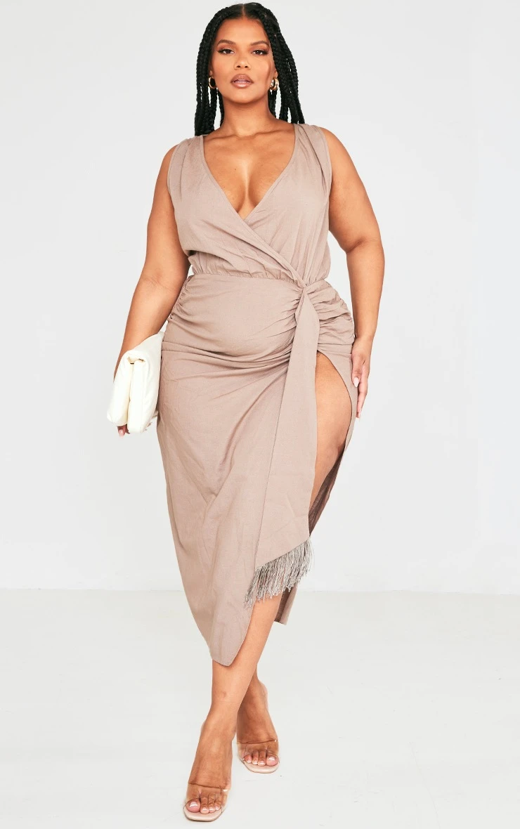 Plus Taupe Linen Look Drape Detail Midi Dress 7 Plus Taupe Linen Look Drape Detail Midi Dress - Image 5