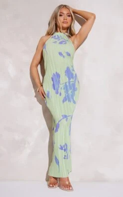 Petite Green Floral Print Plisse High Neck Low Back Maxi Dress