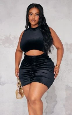Plus Black Velvet Cut Out Ruched Front Bodycon Dress -Goremje Style 69e2b66bfd8f4df1683ba5142a686800b888da14 cna9986 3