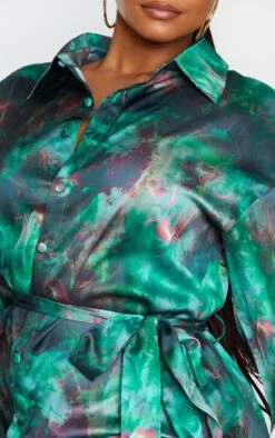 Plus Green Flame Tie Dye Printed Tie Waist Shirt Dress -Goremje Style 6b4989c27a8afae4cd5204db6f0362ae3d8fcabe cmn1572 4