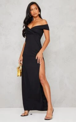 Petite Black Bardot Fold Detail Extreme Split Maxi Dress -Goremje Style 6ba01a1f954e78baee871a1e4d383e7ab56b50ea cna9528 3