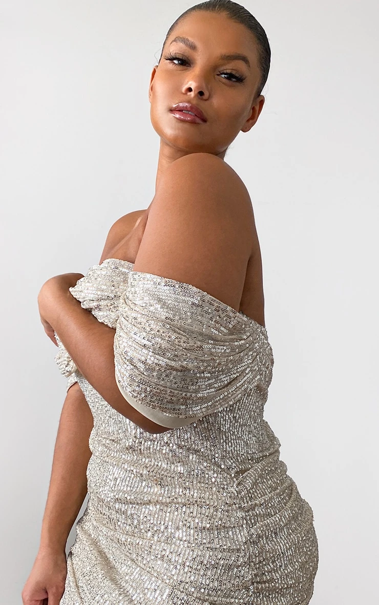 Plus Cream Sequin Bardot Bodycon Dress 6 Plus Cream Sequin Bardot Bodycon Dress - Image 4