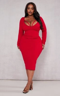 Plus Red Strap Detail Long Sleeve Midi Dress -Goremje Style 6cd575cb60db6899107ca5823d5781818061450e cnc9824 3