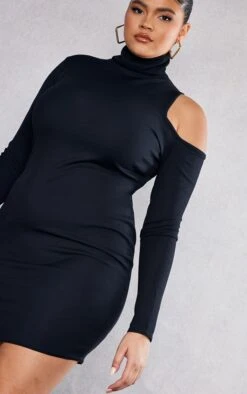 Plus Black Rib High Neck Cut Out Longsleeve Dress -Goremje Style 6d1db78d7c8e39680a9e2049226746e947220851 cnd2478 4