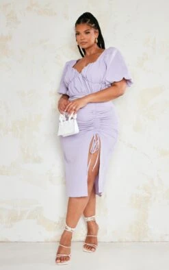 Plus Lilac Puff Sleeve Ruched Side Split Midi Dress -Goremje Style 6ea7a52ab966ac602c7d99c4afca0a8989fe6f73 cne0627 1