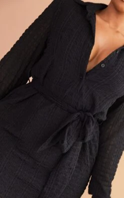 Plus Black Textured Tie Waist Shirt Dress -Goremje Style 6eb6e89e9b1b494665e301eedc3756811433ffe5 cmw2841 5