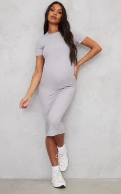 Maternity Grey Marl Ribbed Crew Neck Midi Dress