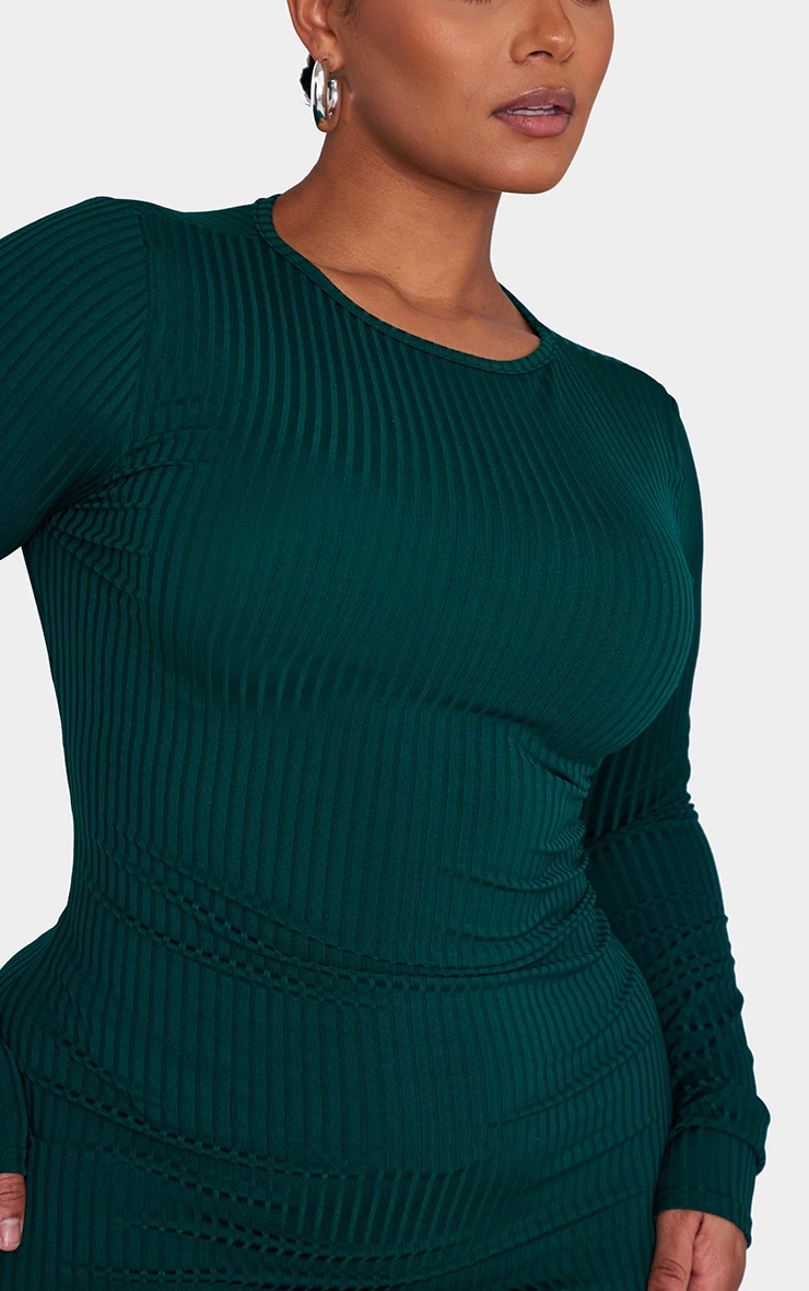 Plus Emerald Green Rib Frill Hem Bodycon Dress 6 Plus Emerald Green Rib Frill Hem Bodycon Dress - Image 4