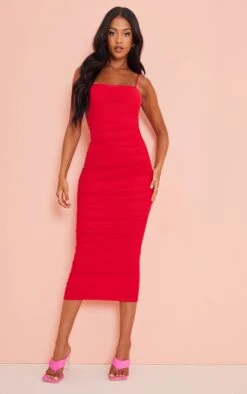 Tall Red Mesh Ruched Midi Dress