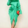 Plus Green Satin High Neck Draped Midi Dress -Goremje Style 710bbde21f0567f6459a73242b029e6704a467ee cne0809 1