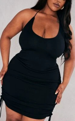 Plus Black Ruched V Neck Strappy Knitted Dress -Goremje Style 727e83b663431ccd49bddf88a6463943b38ccc37 cnc7958 4