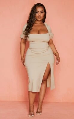 Plus Stone Stretch Woven Puff Sleeve Midi Dress