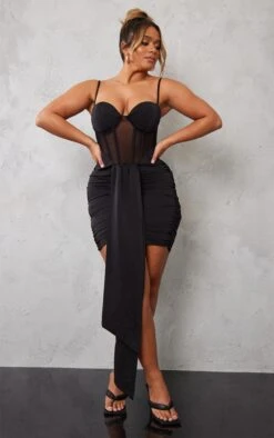 Shape Black Satin Mesh Insert Corset Drape Bodycon Dress