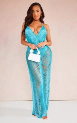 Shape Aqua Fringe Detail Midaxi Dress