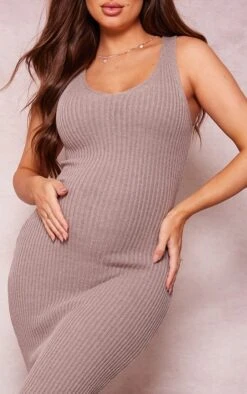Maternity Taupe Knitted V Neck Midi Dress -Goremje Style 747cd9c3bae1afbb69f9a1c892d7a7ac3e08553d cne7338 4