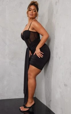 Shape Black Satin Mesh Insert Corset Drape Bodycon Dress -Goremje Style 74818366724846cea134525d429a82a916a1831c cnc1652 3
