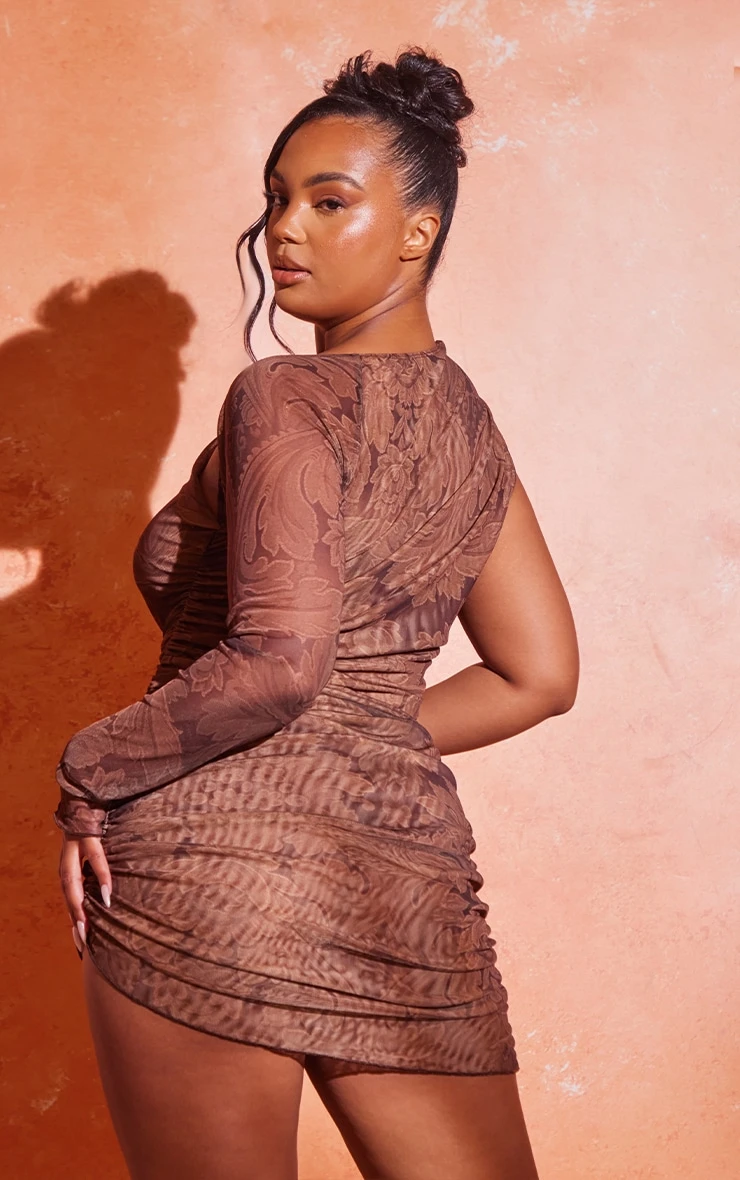 Plus Light Brown Floral Print Mesh Asymmetric Bodycon Dress 4 Plus Light Brown Floral Print Mesh Asymmetric Bodycon Dress - Image 2