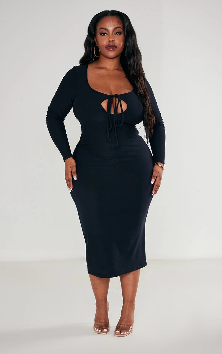 Plus Black Soft Touch Tie Front Long Sleeve Dress 3 Plus Black Soft Touch Tie Front Long Sleeve Dress