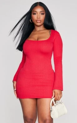 Shape Red Textured Square Neck Long Sleeve Bodycon Dress