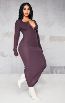 Shape Chocolate Brown Rib Button Front Long Sleeve Midaxi Dress