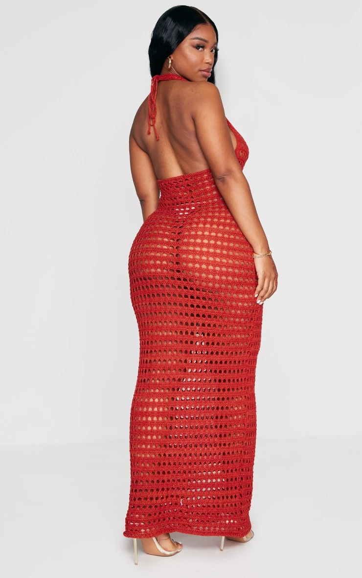 Shape Rust Crochet Knit Halterneck Open Back Maxi Dress 4 Shape Rust Crochet Knit Halterneck Open Back Maxi Dress - Image 2