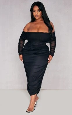 Plus Black Mesh Bardot Long Sleeve Midi Dress -Goremje Style 782046d751afd0eb88707ea1614a7a20cabcbd3e cnd2493 3