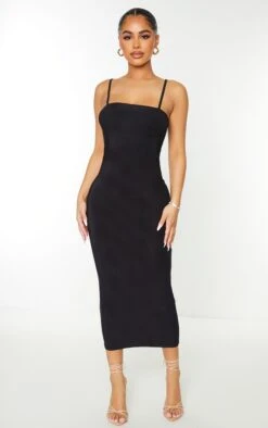 Petite Black Square Neck Strappy Slinky Midaxi Dress