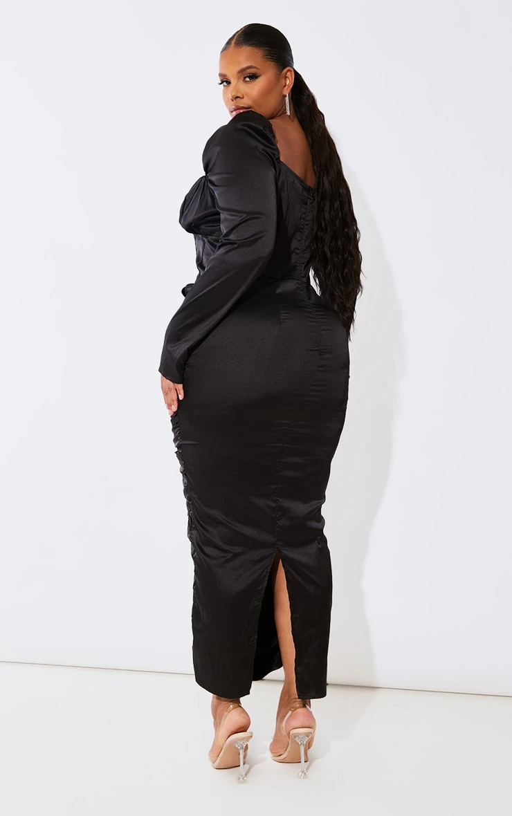 Plus Black Ruched Corset Satin Midi Dress 4 Plus Black Ruched Corset Satin Midi Dress - Image 2