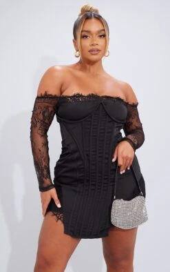 Shape Black Satin Lace Insert Bardot Corset Bodycon Dress